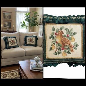 2 Needle Point Partridge in a Pear Tree Green Tassel Decor Pillow Covers 15”x 15